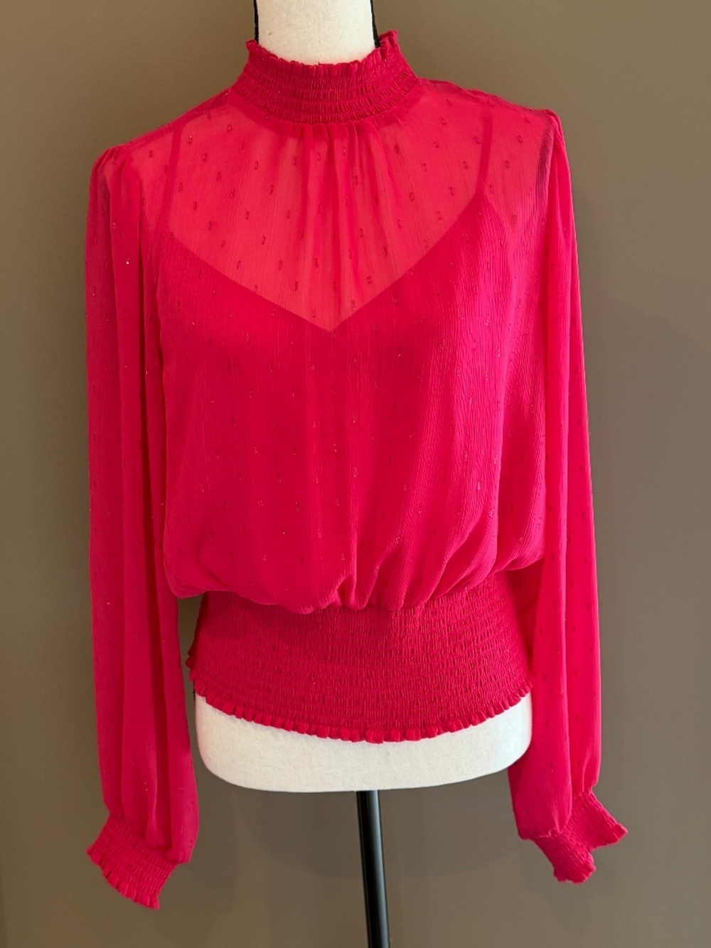 Express Hot Pink Blouse Metallic Glitter Print Smocked Waist, Size Large